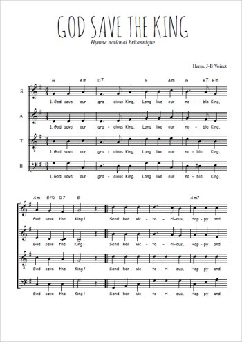 Téléchargez l'arrangement de la partition de God save the king en PDF à quatre voix SATB