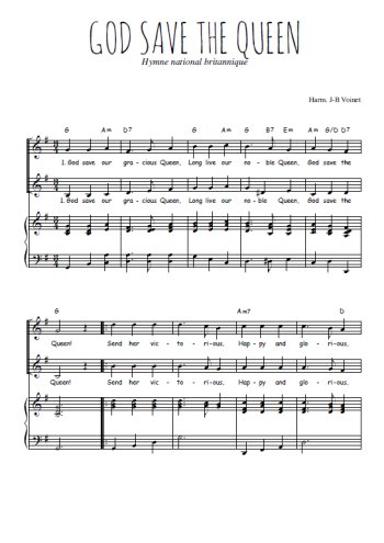 Téléchargez l'arrangement de la partition de God save the Queen en PDF pour deux voix égales et piano