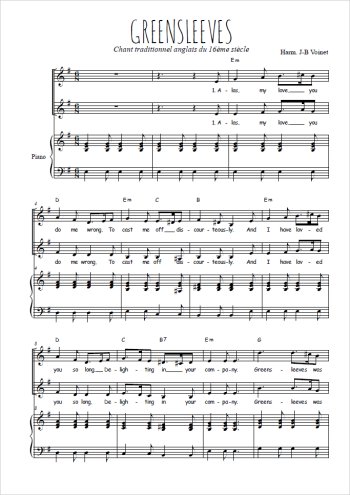 Téléchargez l'arrangement de la partition de Greensleeves en PDF pour deux voix égales et piano