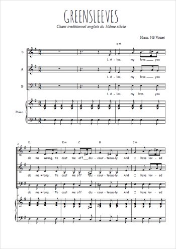 Téléchargez l'arrangement de la partition de Greensleeves en PDF pour trois voix mixtes et piano
