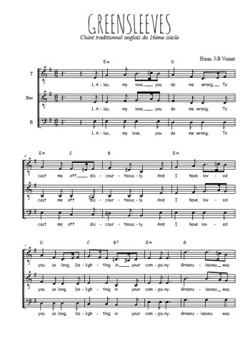Téléchargez l'arrangement de la partition de Greensleeves en PDF à trois voix