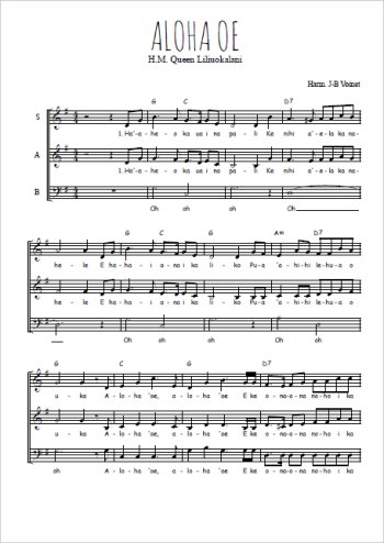 Téléchargez l'arrangement de la partition de Aloha oe - Chanson d'adieu de Hawaï en PDF à trois voix