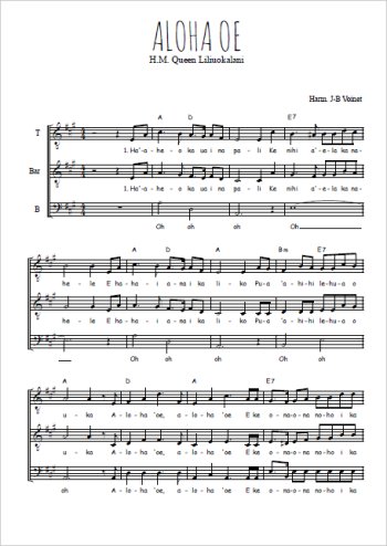 Téléchargez l'arrangement de la partition de Aloha oe - Chanson d'adieu de Hawaï en PDF à trois voix