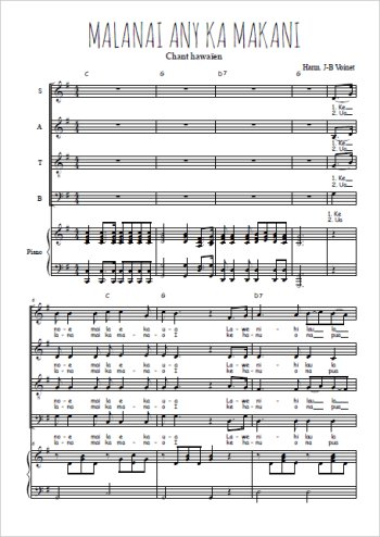 Téléchargez l'arrangement de la partition de Malanai anu ka makani en PDF pour 4 voix mixtes et piano