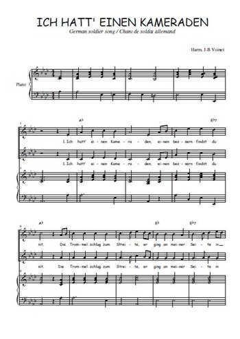 Téléchargez l'arrangement de la partition de Ich hatt' einen Kameraden en PDF pour deux voix égales et piano