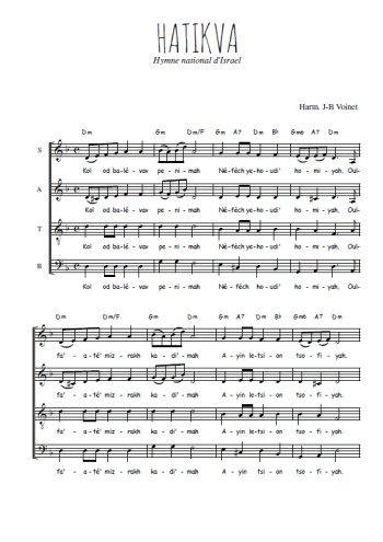 Téléchargez l'arrangement de la partition de Hatikva en PDF à quatre voix SATB