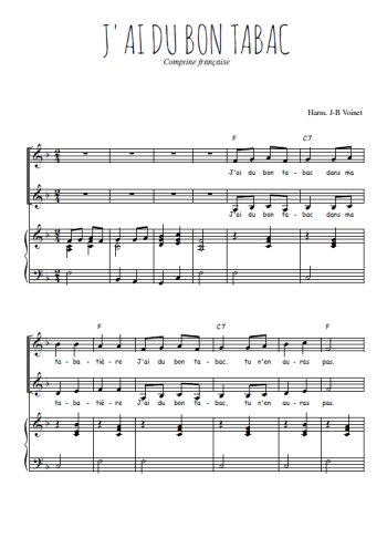 Téléchargez l'arrangement de la partition de J'ai du bon tabac en PDF pour deux voix égales et piano