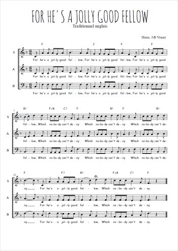 Téléchargez l'arrangement de la partition de For he's a jolly good fellow en PDF à trois voix