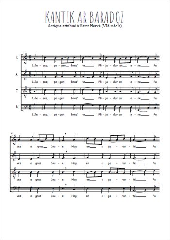 Téléchargez l'arrangement de la partition de Kantik ar baradoz en PDF à quatre voix SATB