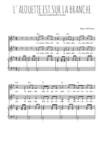 Téléchargez l'arrangement de la partition de L'alouette est sur la branche en PDF pour deux voix égales et piano