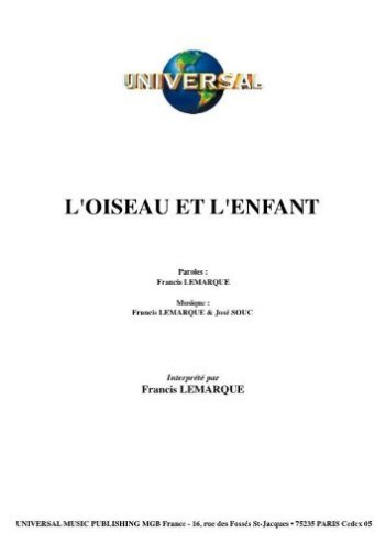 L'oiseau et l'enfant Partition gratuite