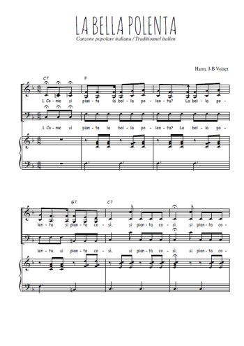 Téléchargez l'arrangement de la partition de La bella polenta en PDF pour trois voix mixtes et piano