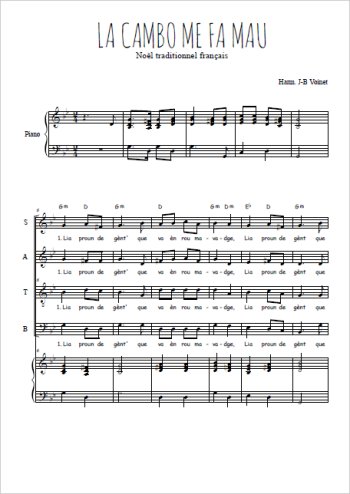 Téléchargez l'arrangement de la partition de La cambo me fa mau en PDF pour 4 voix mixtes et piano