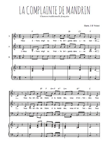 Téléchargez l'arrangement de la partition de La complainte de Mandrin en PDF pour trois voix mixtes et piano