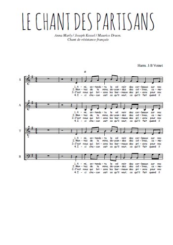 Téléchargez l'arrangement de la partition de Le chant des partisans en PDF à quatre voix SATB