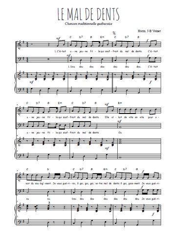 Téléchargez l'arrangement de la partition de Le mal de dents en PDF pour deux voix égales et piano