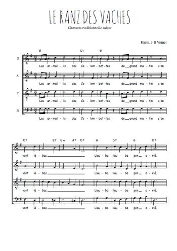 Téléchargez l'arrangement de la partition de Le ranz des vaches en PDF à quatre voix SATB