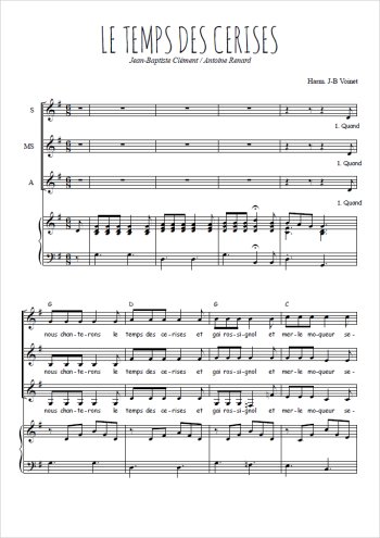 Téléchargez l'arrangement de la partition de Le temps des cerises en PDF pour trois voix de femmes et piano