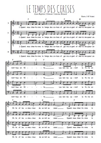Téléchargez l'arrangement de la partition de Le temps des cerises en PDF à quatre voix SATB