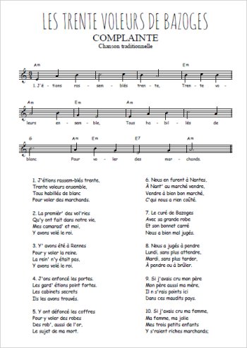 Les trente voleurs de Bazoges Partition gratuite