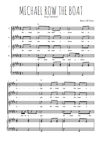 Téléchargez l'arrangement de la partition de Michael row the boat en PDF pour 4 voix mixtes et piano