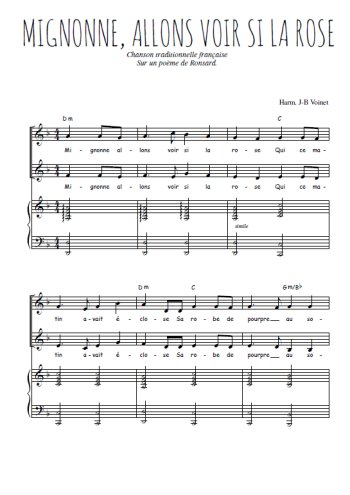 Téléchargez l'arrangement de la partition de Mignonne, allons voir si la rose en PDF pour deux voix égales et piano