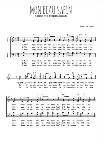Téléchargez l'arrangement de la partition de Mon beau sapin en PDF à quatre voix SATB