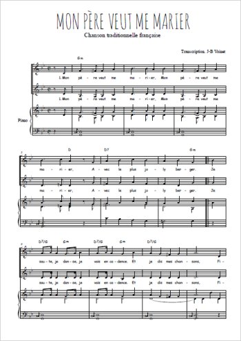 Téléchargez l'arrangement de la partition de Mon père veut me marier en PDF pour deux voix égales et piano