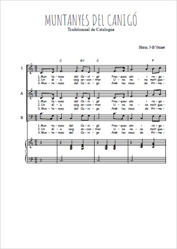 Téléchargez l'arrangement de la partition de Muntanyes del Canigó en PDF pour trois voix mixtes et piano