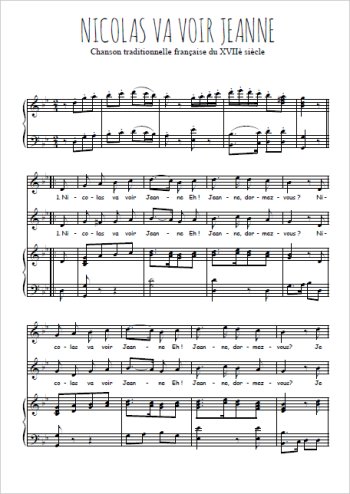 Téléchargez l'arrangement de la partition de Nicolas va voir Jeanne en PDF pour deux voix égales et piano