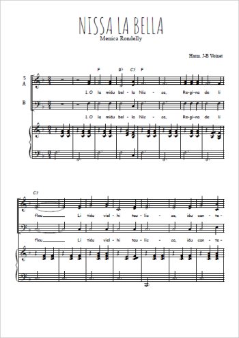 Téléchargez l'arrangement de la partition de Nissa la Bella en PDF pour trois voix mixtes et piano