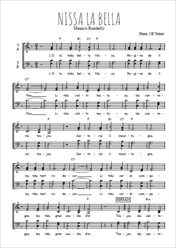 Téléchargez l'arrangement de la partition de Nissa la Bella en PDF à quatre voix SATB