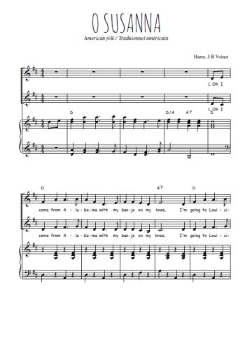 Téléchargez l'arrangement de la partition de O Susanna en PDF pour deux voix égales et piano
