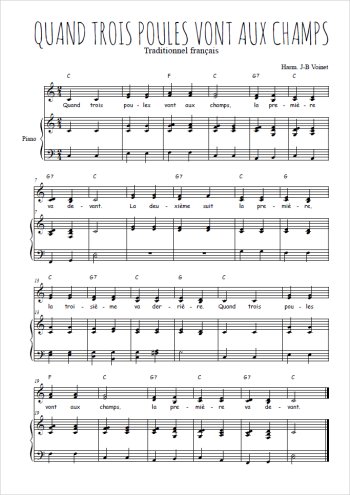 Téléchargez l'arrangement de la partition de Quand trois poules vont aux champs en PDF pour deux voix égales et piano