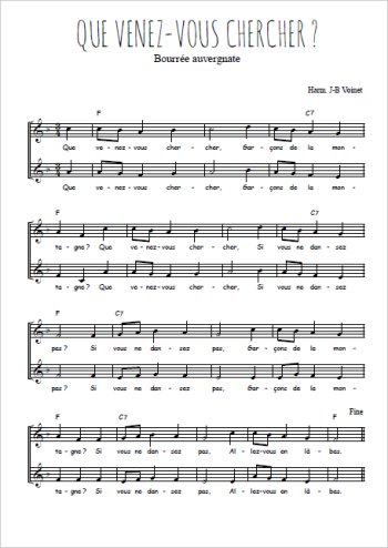 Téléchargez l'arrangement de la partition de Que venez-vous chercher en PDF à deux voix
