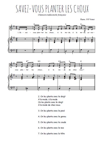 Téléchargez l'arrangement de la partition de Savez-vous planter les choux en PDF pour deux voix égales et piano