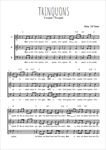 Téléchargez l'arrangement de la partition de Trinquons, chanson à boire du XVIIIè siècle en PDF à trois voix