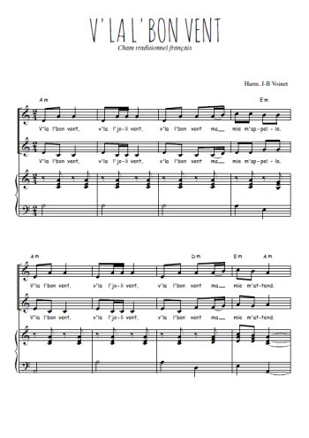 Téléchargez l'arrangement de la partition de V'la l'bon vent en PDF pour deux voix égales et piano