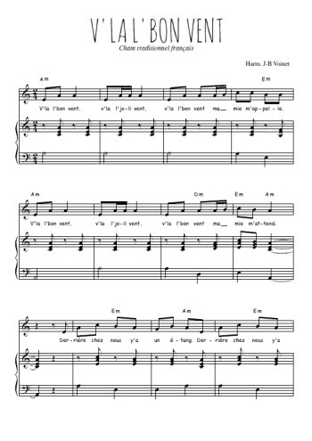 Téléchargez l'arrangement de la partition de chanson-traditionnelle-v-la-l-bon-vent en PDF pour Chant et piano