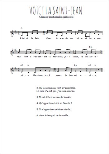 Voici la Saint Jean Partition gratuite