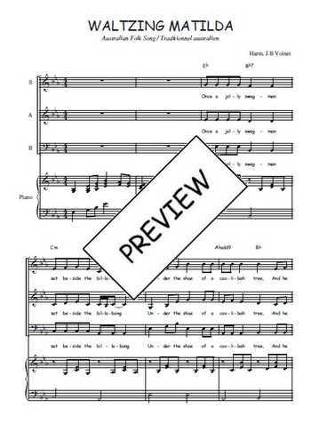 Téléchargez l'arrangement de la partition de Waltzing Matilda en PDF pour trois voix mixtes et piano