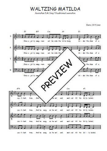 Téléchargez l'arrangement de la partition de Waltzing Matilda en PDF à quatre voix SATB