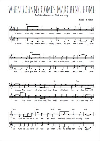 Téléchargez l'arrangement de la partition de When Johnny comes marching home en PDF à deux voix
