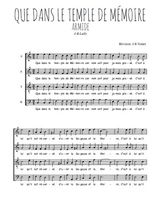 Téléchargez l'arrangement de la partition de Jean-Baptiste-Lully-Que-dans-le-temple-de-Memoire en PDF à quatre voix