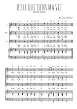 Téléchargez l'arrangement de la partition de Belle qui tiens ma vie en PDF pour trois voix d'hommes et piano