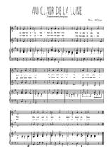 Téléchargez la partition de Au clair de la Lune en PDF pour 2 voix égales et piano